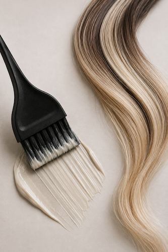 Blonde Haarsträhne und Pinsel mit Farbe