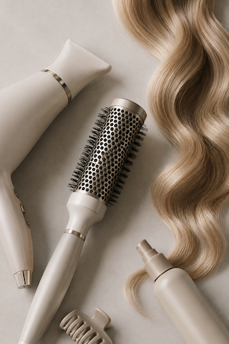 Haarsträhne mit Föhn und Bürste
